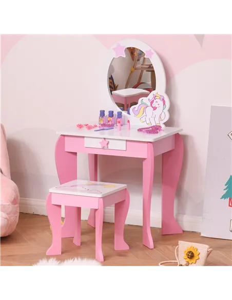 HOMCOM Kids Dressing Table with Mirror, Stool, Pink