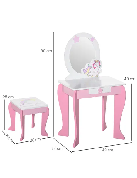 HOMCOM Kids Dressing Table with Mirror, Stool, Pink
