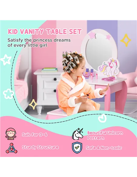 HOMCOM Kids Dressing Table with Mirror, Stool, Pink
