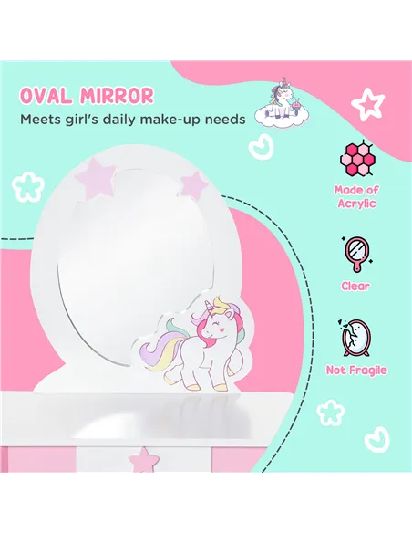 HOMCOM Kids Dressing Table with Mirror, Stool, Pink