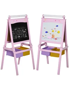 HOMCOM Kids Easel 3 in 1 Wooden Art Easel with Paper Roll Double-Sided Chalkboard & Whiteboard with Storage Baskets for Toddler 
