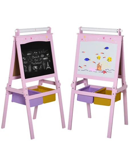 HOMCOM Kids Easel 3 in 1 Wooden Art Easel with Paper Roll Double-Sided Chalkboard & Whiteboard with Storage Baskets for Toddler 