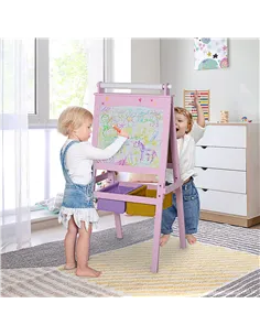 HOMCOM Kids Easel 3 in 1 Wooden Art Easel with Paper Roll Double-Sided Chalkboard & Whiteboard with Storage Baskets for Toddler  2