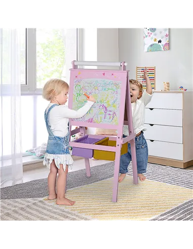 HOMCOM Kids Easel 3 in 1 Wooden Art Easel with Paper Roll Double-Sided Chalkboard & Whiteboard with Storage Baskets for Toddler 