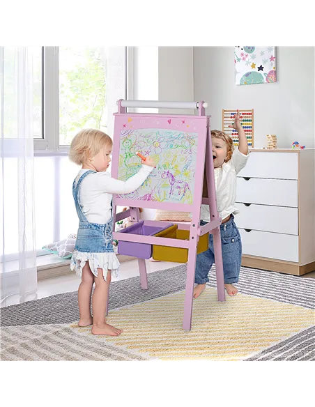 HOMCOM Kids Easel 3 in 1 Wooden Art Easel with Paper Roll Double-Sided Chalkboard & Whiteboard with Storage Baskets for Toddler 