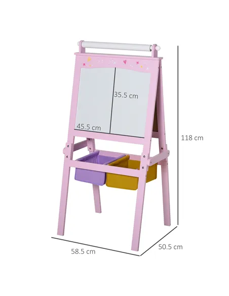 HOMCOM Kids Easel 3 in 1 Wooden Art Easel with Paper Roll Double-Sided Chalkboard & Whiteboard with Storage Baskets for Toddler 