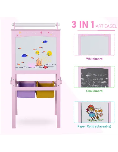 HOMCOM Kids Easel 3 in 1 Wooden Art Easel with Paper Roll Double-Sided Chalkboard & Whiteboard with Storage Baskets for Toddler 
