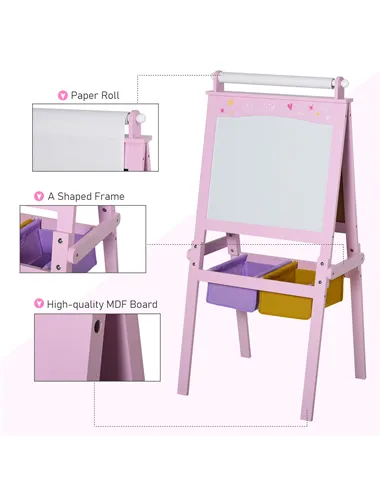 HOMCOM Kids Easel 3 in 1 Wooden Art Easel with Paper Roll Double-Sided Chalkboard & Whiteboard with Storage Baskets for Toddler 