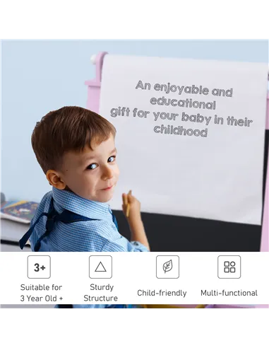 HOMCOM Kids Easel 3 in 1 Wooden Art Easel with Paper Roll Double-Sided Chalkboard & Whiteboard with Storage Baskets for Toddler 