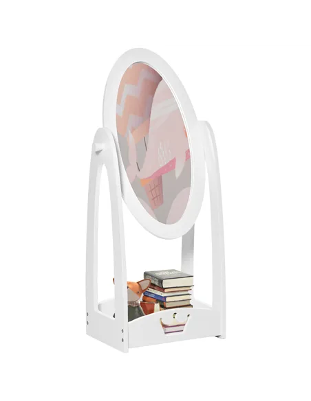 HOMCOM Free Standing Full Length Mirror, Child's Dressing Mirror with storage shelf, Children's White Bedroom Furniture 360° Rot