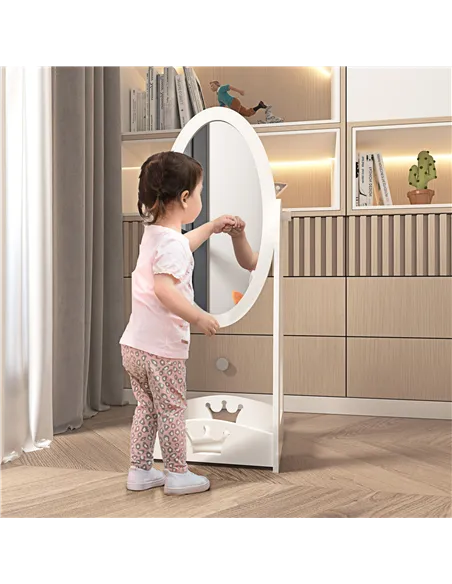 HOMCOM Free Standing Full Length Mirror, Child's Dressing Mirror with storage shelf, Children's White Bedroom Furniture 360° Rot