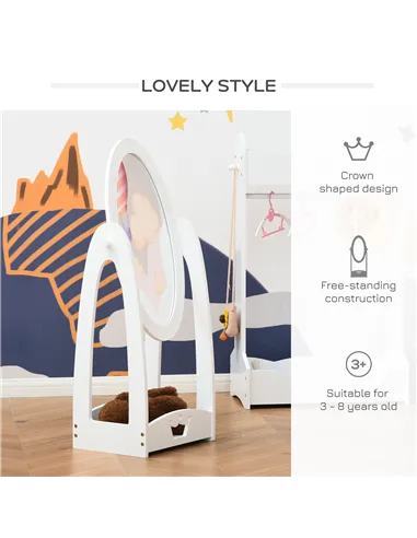 HOMCOM Free Standing Full Length Mirror, Child's Dressing Mirror with storage shelf, Children's White Bedroom Furniture 360° Rot