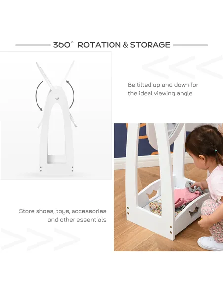 HOMCOM Free Standing Full Length Mirror, Child's Dressing Mirror with storage shelf, Children's White Bedroom Furniture 360° Rot