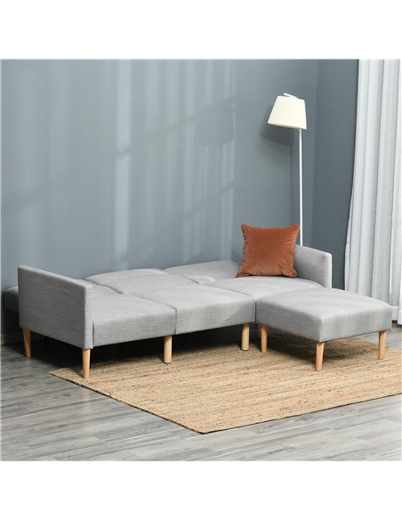 HOMCOM L Shape Sofa Bed Set, Linen Fabric Corner Sofa Bed with Rubber Wood Legs and Footstool, Light Grey