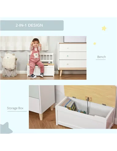 HOMCOM 2 In 1 Wooden Toy Box, Seat Storage Bench, Storage Chest Cabinet Organiser, with Safety Pneumatic Rod