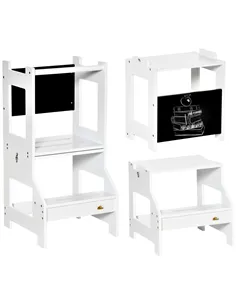 HOMCOM 2 in 1 Kids Kitchen Step Stool with Safety Rail Toddler Steps with Chalkboard for Kitchen Bathroom, White