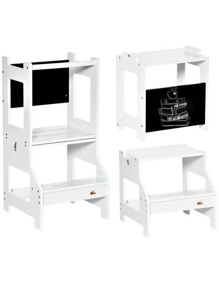 HOMCOM 2 in 1 Kids Kitchen Step Stool with Safety Rail Toddler Steps with Chalkboard for Kitchen Bathroom, White