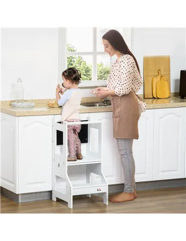 HOMCOM 2 in 1 Kids Kitchen Step Stool with Safety Rail Toddler Steps with Chalkboard for Kitchen Bathroom, White