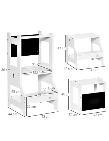 HOMCOM 2 in 1 Kids Kitchen Step Stool with Safety Rail Toddler Steps with Chalkboard for Kitchen Bathroom, White
