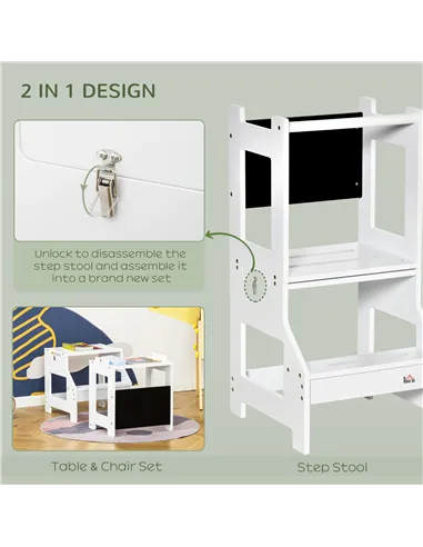 HOMCOM 2 in 1 Kids Kitchen Step Stool with Safety Rail Toddler Steps with Chalkboard for Kitchen Bathroom, White
