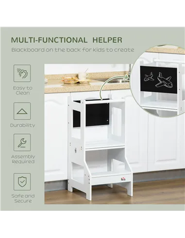 HOMCOM 2 in 1 Kids Kitchen Step Stool with Safety Rail Toddler Steps with Chalkboard for Kitchen Bathroom, White