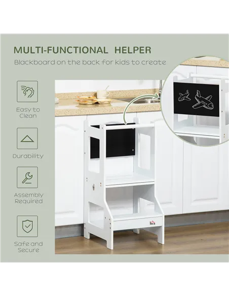 HOMCOM 2 in 1 Kids Kitchen Step Stool with Safety Rail Toddler Steps with Chalkboard for Kitchen Bathroom, White