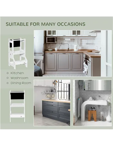 HOMCOM 2 in 1 Kids Kitchen Step Stool with Safety Rail Toddler Steps with Chalkboard for Kitchen Bathroom, White