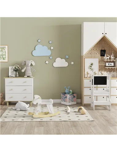 HOMCOM 2 in 1 Kids Kitchen Step Stool with Safety Rail Toddler Steps with Chalkboard for Kitchen Bathroom, White