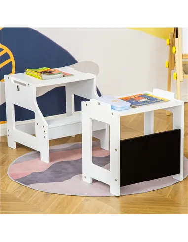 HOMCOM 2 in 1 Kids Kitchen Step Stool with Safety Rail Toddler Steps with Chalkboard for Kitchen Bathroom, White