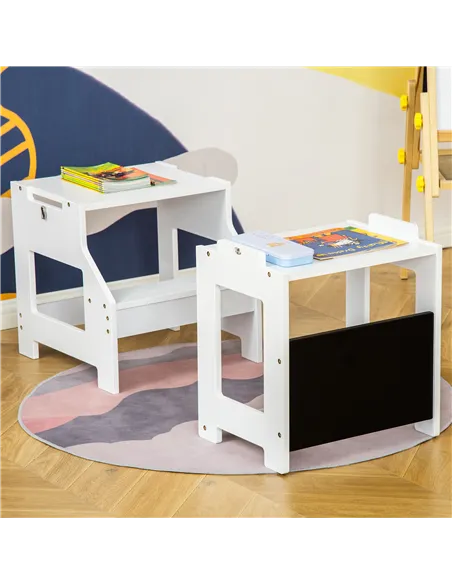 HOMCOM 2 in 1 Kids Kitchen Step Stool with Safety Rail Toddler Steps with Chalkboard for Kitchen Bathroom, White