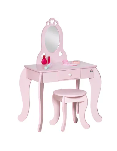 HOMCOM Kids Vanity Table & Stool Girls Dressing Set Make Up Desk Chair Dresser Play Set with Mirror Pink