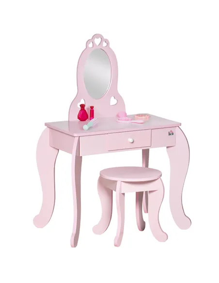 HOMCOM Kids Vanity Table & Stool Girls Dressing Set Make Up Desk Chair Dresser Play Set with Mirror Pink