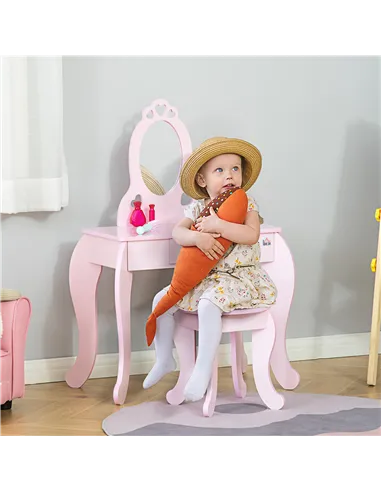 HOMCOM Kids Vanity Table & Stool Girls Dressing Set Make Up Desk Chair Dresser Play Set with Mirror Pink