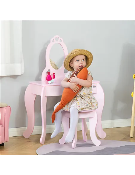 HOMCOM Kids Vanity Table & Stool Girls Dressing Set Make Up Desk Chair Dresser Play Set with Mirror Pink
