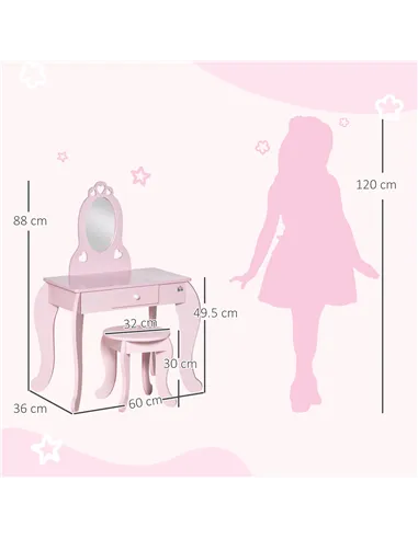 HOMCOM Kids Vanity Table & Stool Girls Dressing Set Make Up Desk Chair Dresser Play Set with Mirror Pink
