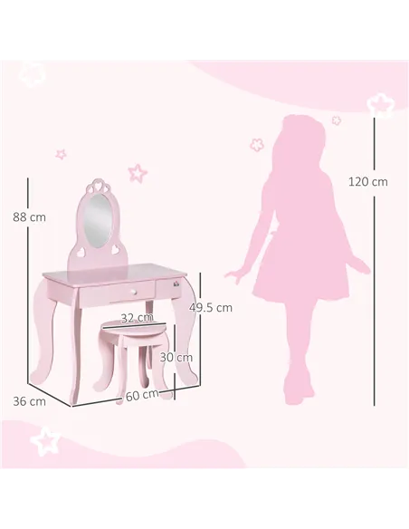 HOMCOM Kids Vanity Table & Stool Girls Dressing Set Make Up Desk Chair Dresser Play Set with Mirror Pink