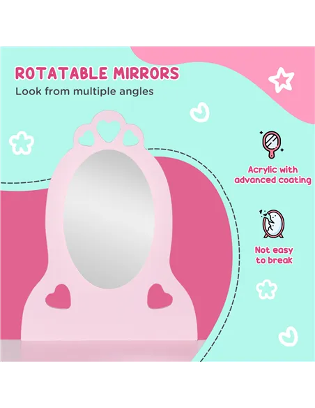 HOMCOM Kids Vanity Table & Stool Girls Dressing Set Make Up Desk Chair Dresser Play Set with Mirror Pink