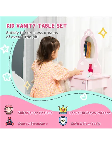 HOMCOM Kids Vanity Table & Stool Girls Dressing Set Make Up Desk Chair Dresser Play Set with Mirror Pink