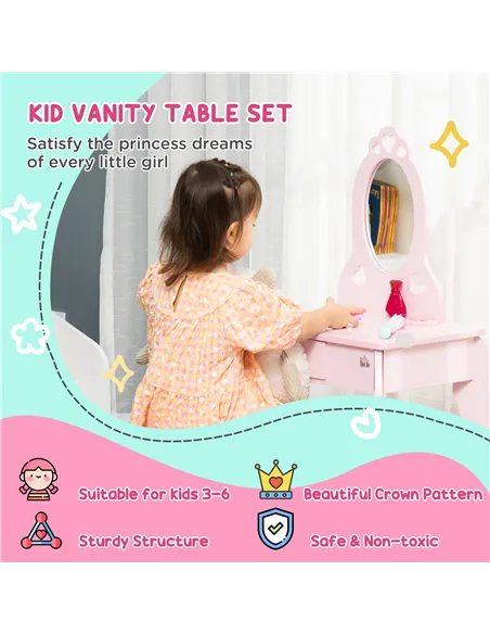 HOMCOM Kids Vanity Table & Stool Girls Dressing Set Make Up Desk Chair Dresser Play Set with Mirror Pink