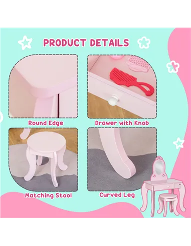 HOMCOM Kids Vanity Table & Stool Girls Dressing Set Make Up Desk Chair Dresser Play Set with Mirror Pink
