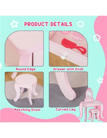 HOMCOM Kids Vanity Table & Stool Girls Dressing Set Make Up Desk Chair Dresser Play Set with Mirror Pink
