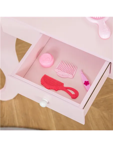 HOMCOM Kids Vanity Table & Stool Girls Dressing Set Make Up Desk Chair Dresser Play Set with Mirror Pink