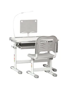 HOMCOM Kids Study Desk and Chair Set w/ Adjustable Height, Storage, Drawer, Grey
