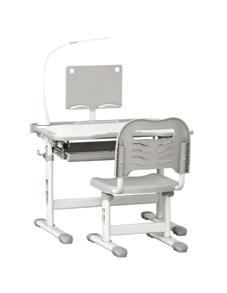 HOMCOM Kids Study Desk and Chair Set w/ Adjustable Height, Storage, Drawer, Grey