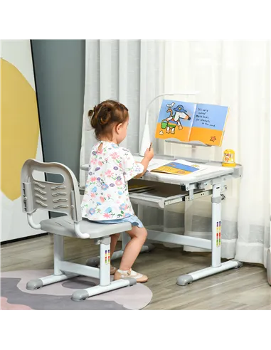 HOMCOM Kids Study Desk and Chair Set w/ Adjustable Height, Storage, Drawer, Grey
