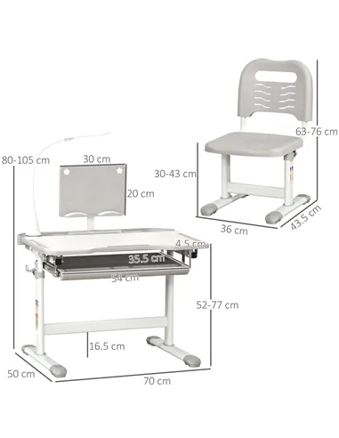 HOMCOM Kids Study Desk and Chair Set w/ Adjustable Height, Storage, Drawer, Grey