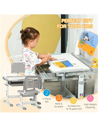 HOMCOM Kids Study Desk and Chair Set w/ Adjustable Height, Storage, Drawer, Grey
