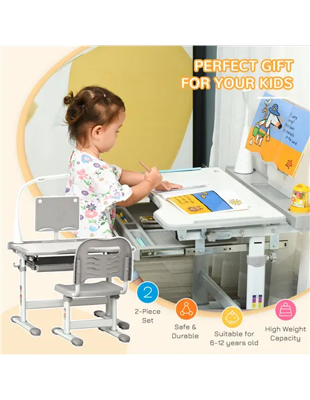 HOMCOM Kids Study Desk and Chair Set w/ Adjustable Height, Storage, Drawer, Grey