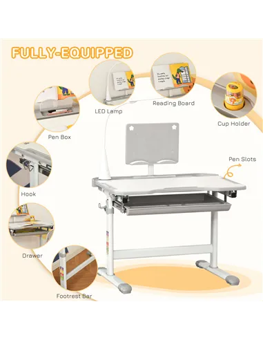 HOMCOM Kids Study Desk and Chair Set w/ Adjustable Height, Storage, Drawer, Grey