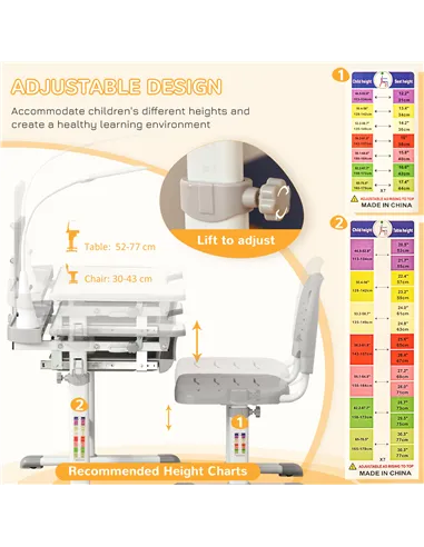 HOMCOM Kids Study Desk and Chair Set w/ Adjustable Height, Storage, Drawer, Grey